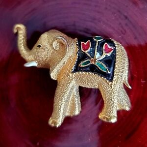 JOEL Vintage Enamel Elephant Brooch Gold Metal Tusks Lucky Trunk Up Bohemian